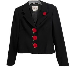 Vintage Black Wool Jacket Cropped Red Ribbon Roses Cover Buttons Lined